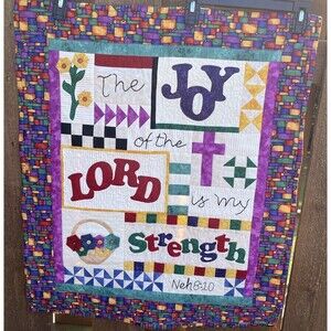 Handmade Joy of the Lord Stained Glass Wall Hanging Lap Quilt Machine Sewn 28x24